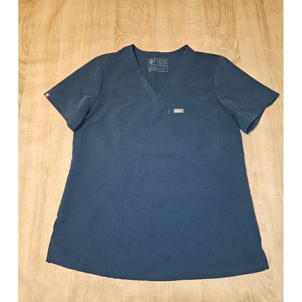 Figs Catarina One Picket Scrub Top Womens Size M Vneck Short Sleeve Blue